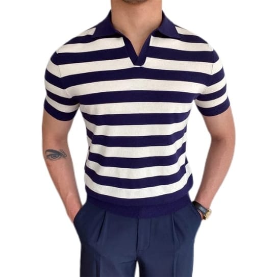 Men’s Block Stripes Cotton Golf Polo Shirts | Casual Short Sleeve Pullover Striped Blue