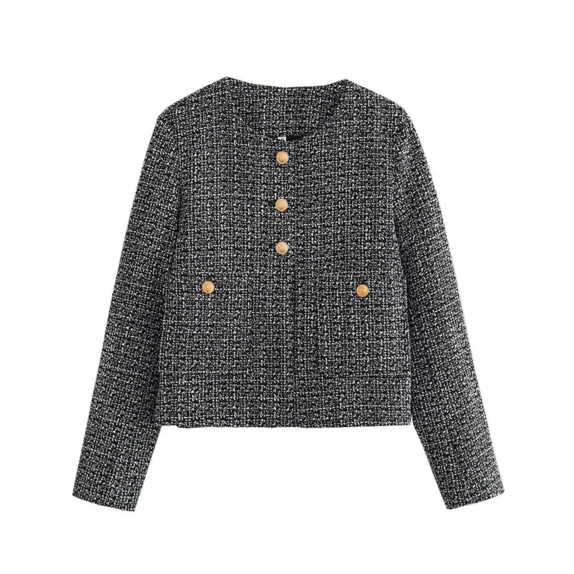 Camel O-neck Tweed Short Coat Women Houndstooth