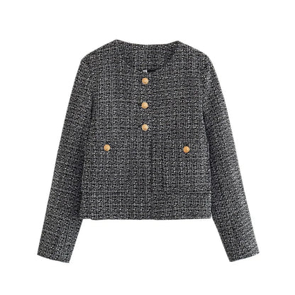 Camel O-neck Tweed Short Coat Women Houndstooth