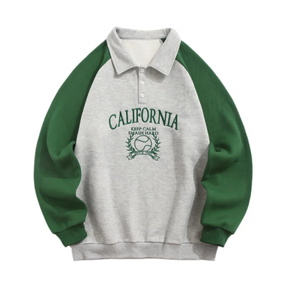 Unisex Vintage Quarter Button Polo Collar Sweatshirt | Raglan Sleeves