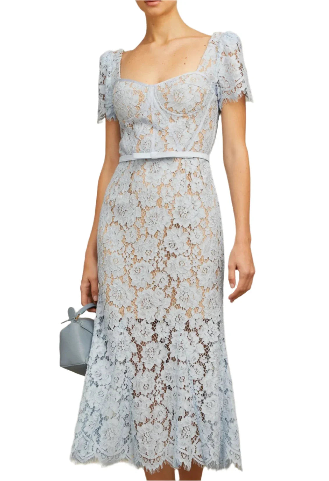YARELY FLORAL-LACE BONED MIDI DRESS