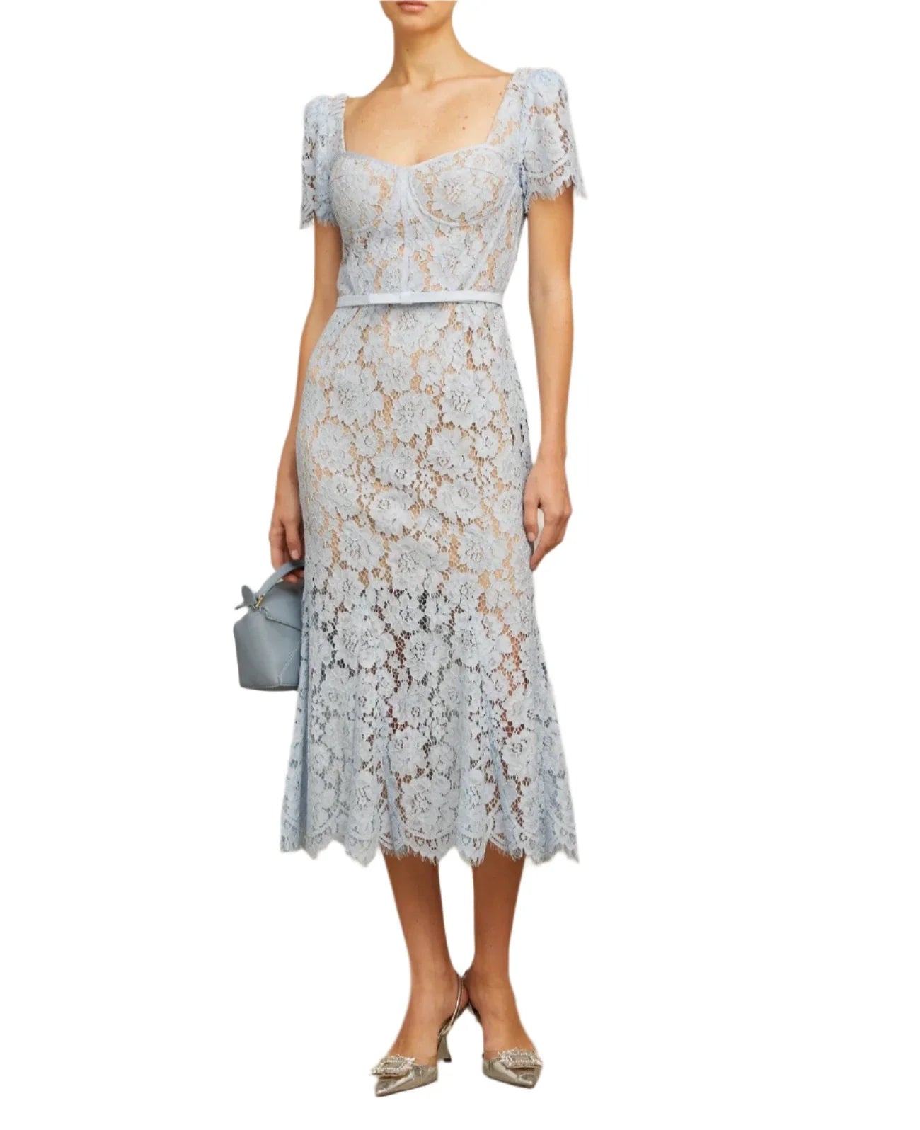YARELY FLORAL-LACE BONED MIDI DRESS