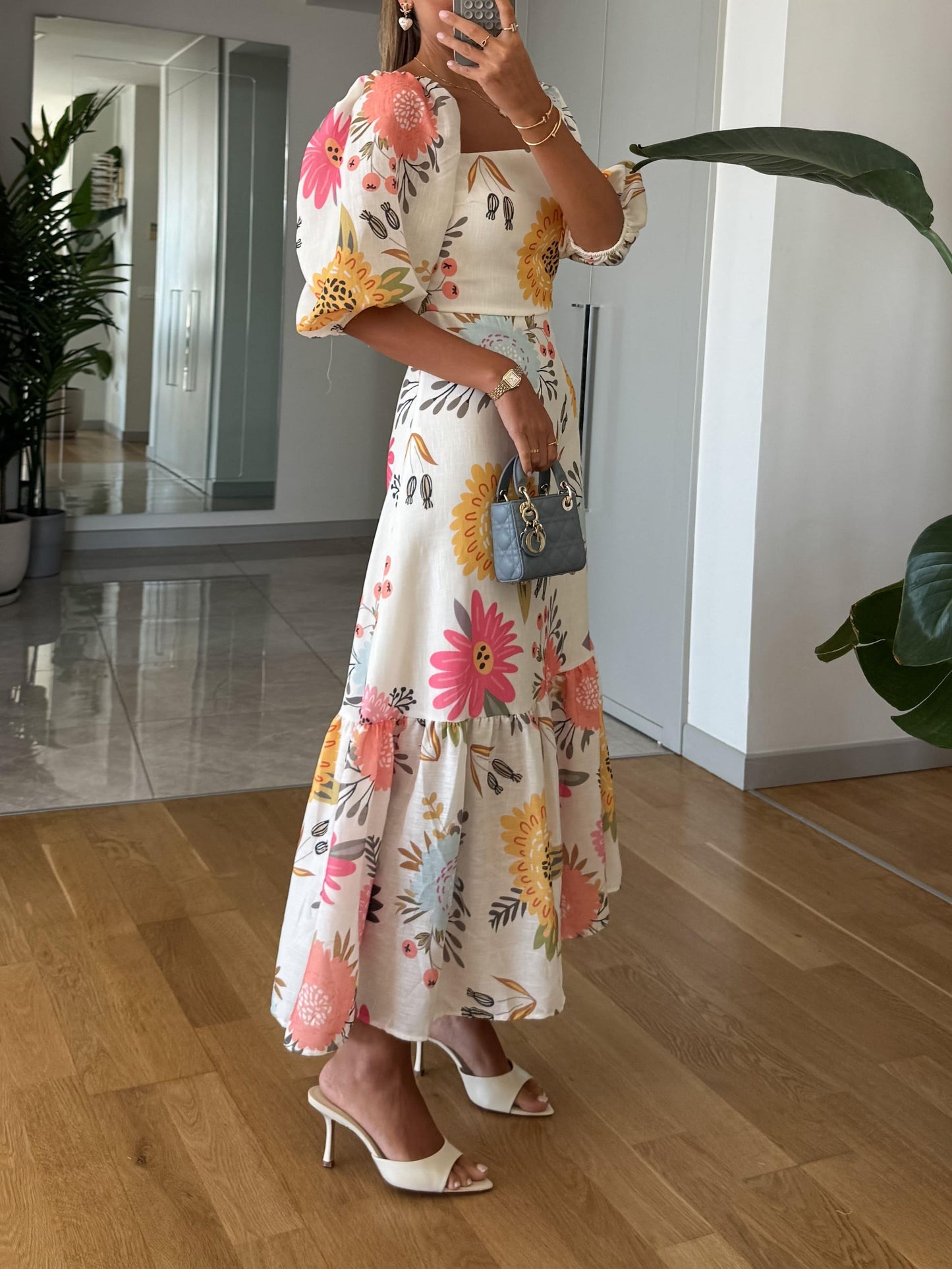Avery™ | Square Neck Floral Print Puff Sleeve Midi Dress
