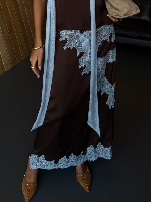 Jade™ | Elegant Brown and Blue Lace Panel Top + Skirt Set