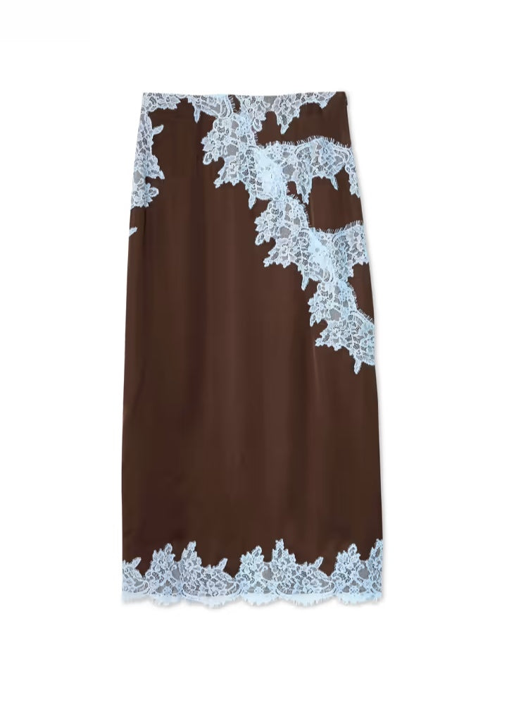 Jade™ | Elegant Brown and Blue Lace Panel Top + Skirt Set