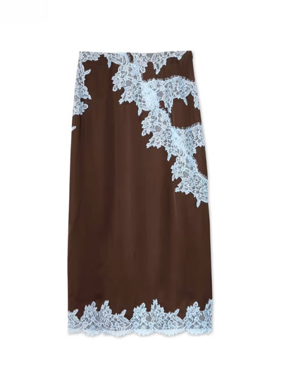 Jade™ | Elegant Brown and Blue Lace Panel Top + Skirt Set