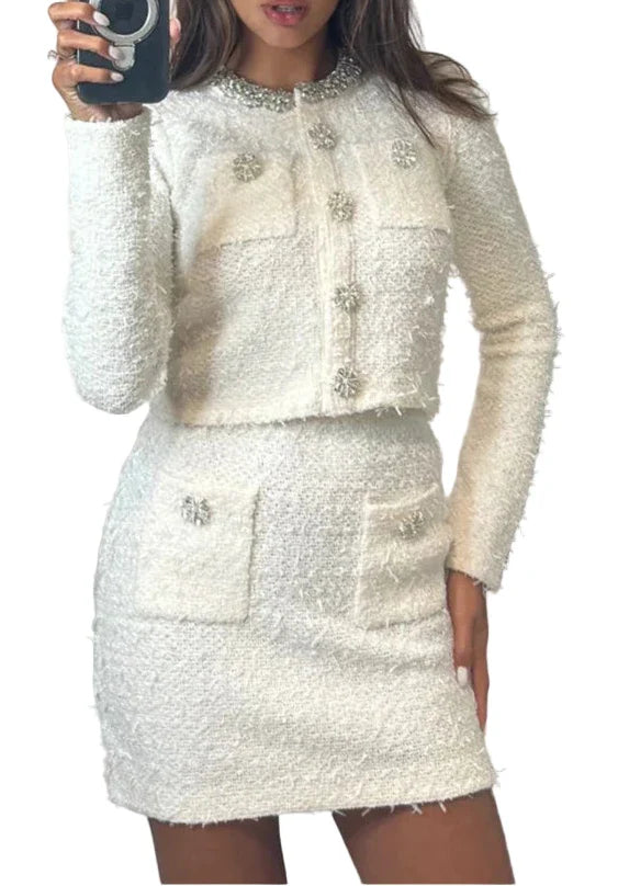 ZAFIRO Tweed Mini Crystals Bodycon Set WHITE