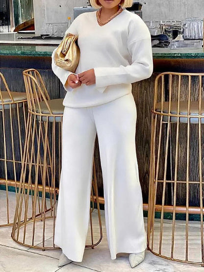 Long Sleeves Loose Solid Color V-Neck Pullovers