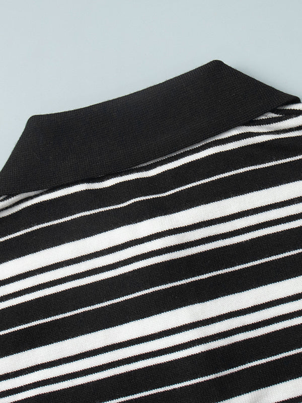 Long Sleeves Split-Joint Striped Lapel Sweater Tops