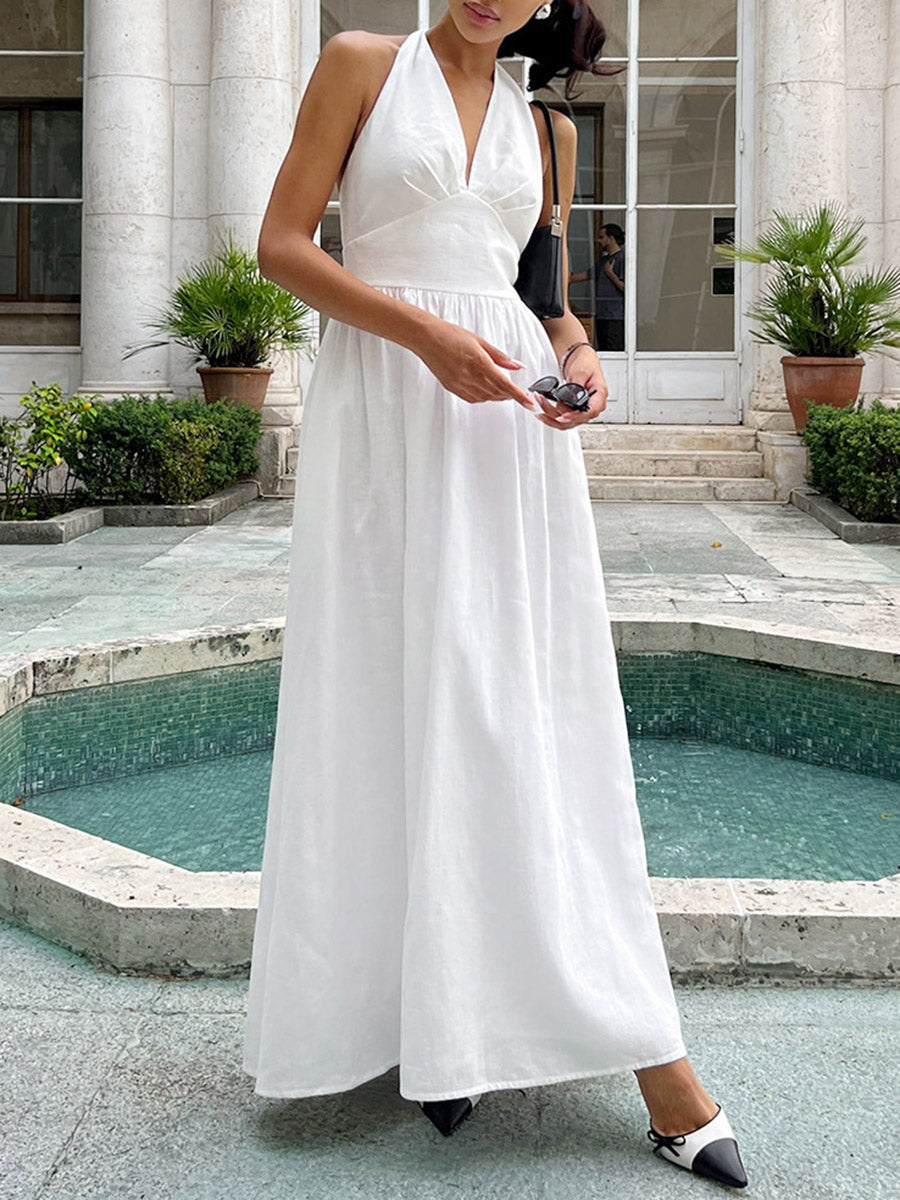 A-Line High Waisted Backless Pleated Solid Color Split-Joint Halter-Neck Midi Dresses