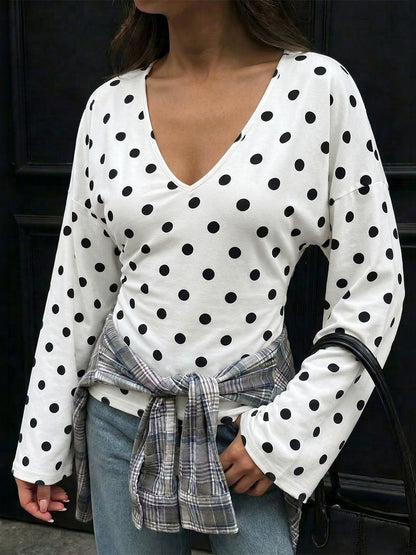 Polka-Dot Contrast Color Long Sleeves V-neck Blouses&shirts Tops
