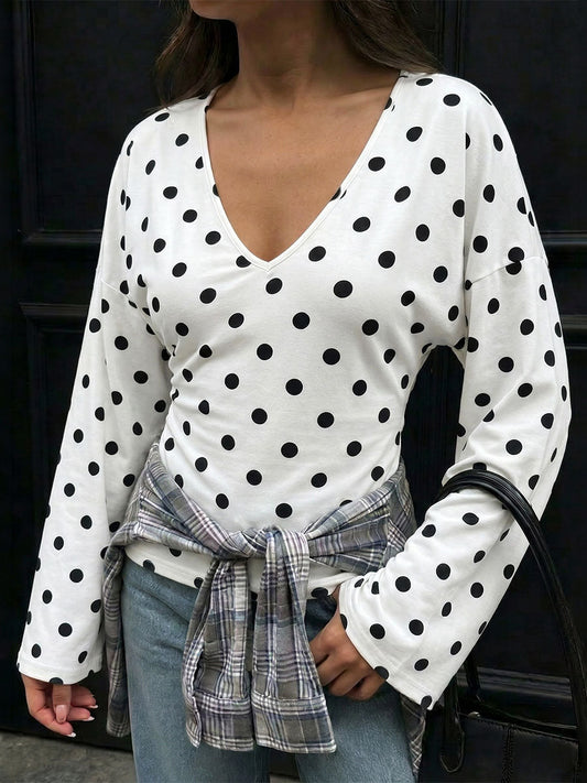 Polka-Dot Contrast Color Long Sleeves V-neck Blouses&shirts Tops