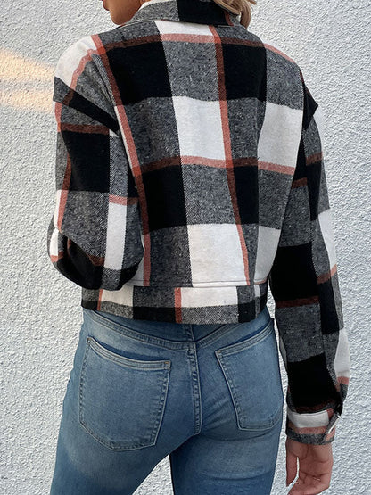 Long Sleeves Loose Buttoned Plaid Pockets Split-Joint Lapel Jackets Outerwear