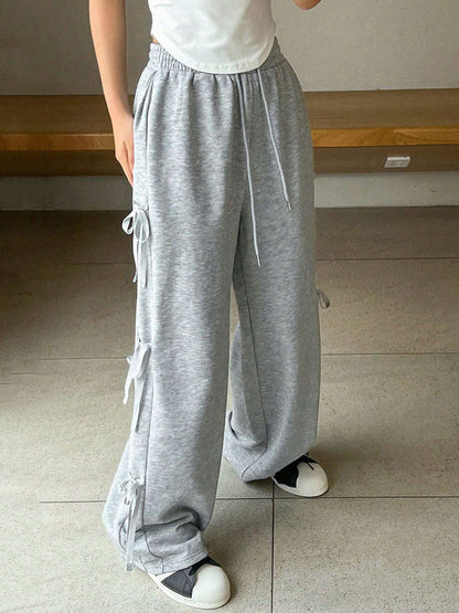 High Waisted Loose Drawstring Elasticity Solid Color Split-Joint Pants Trousers