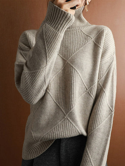 Casual Loose Solid Color Striped High-Neck Long Sleeves Sweater Tops