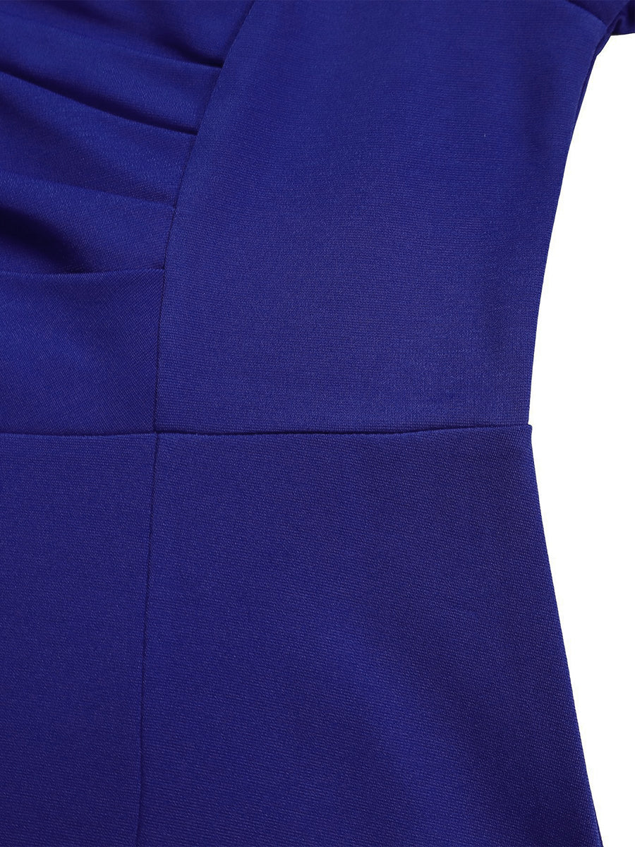 Solid Color Pleated Belted Short Sleeves Plus Size V-neck Midi Dresses