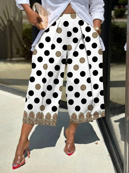 High Waisted Wide Leg Contrast Color Elasticity Pockets Polka-Dot Printed Ninth Pants