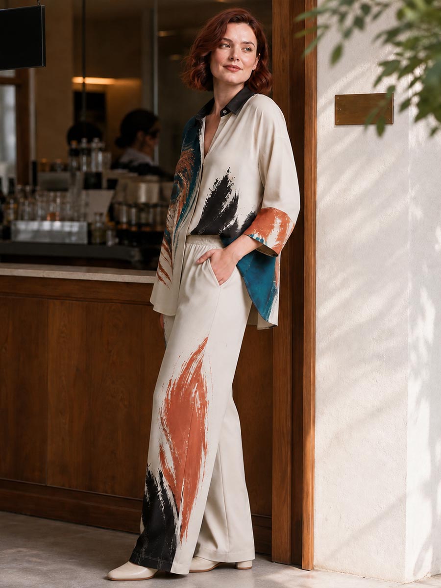 Contrast Color Buttoned Three-quarter Sleeves Loose Lapel Blouses&shirts Tops
