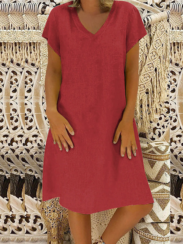 A-Line Loose Solid Color V-Neck Midi Dresses RED