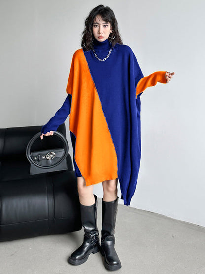 Batwing Sleeves Hipster Asymmetric Contrast Color Split-Joint High-Neck Midi Dresses Sweater Dresses