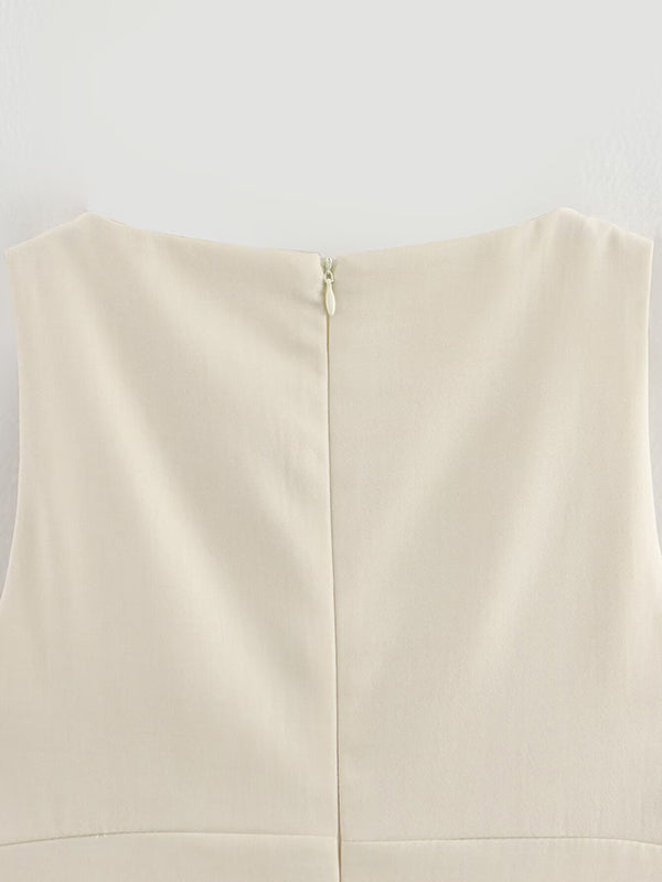 Mini-robe trapèze ample plissée de couleur unie avec fermeture éclair et col rond 