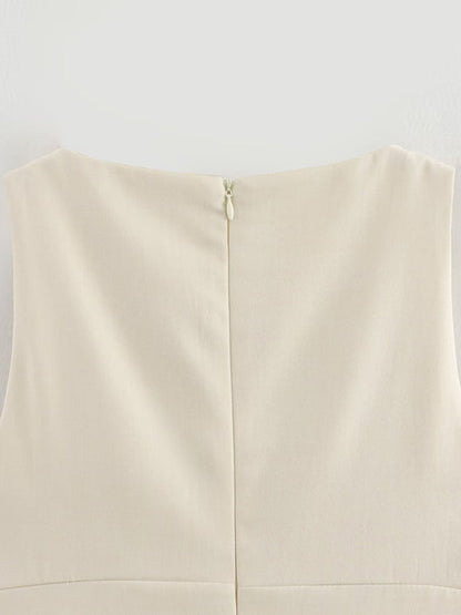 Mini-robe trapèze ample plissée de couleur unie avec fermeture éclair et col rond 