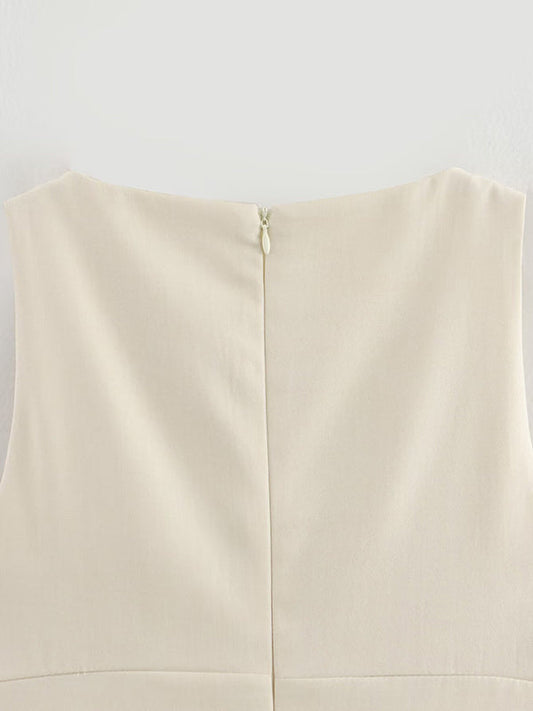 A-Line Loose Pleated Solid Color Split-Joint Zipper Round-Neck Mini Dresses