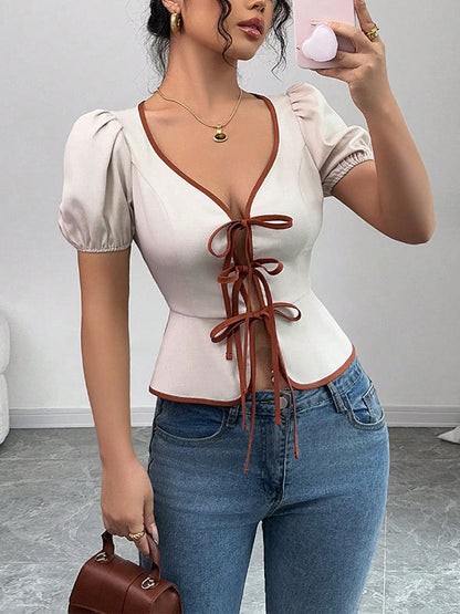 Loose Puff Sleeves Elasticity Pleated Tied V-Neck Blouses&Shirts Tops