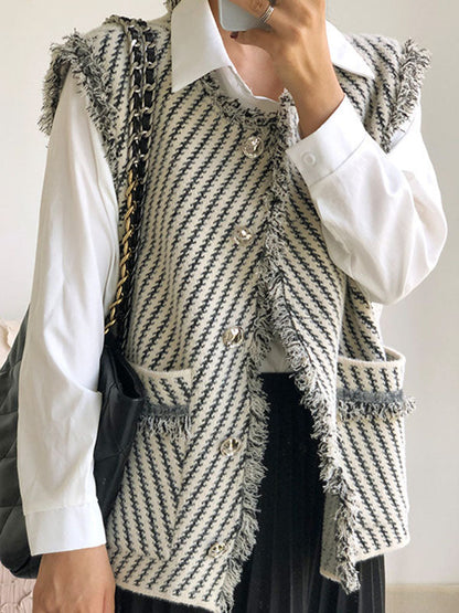 Gilet ample sans manches à poches boutonnées et à franges, rayé, col en V, vêtements d'extérieur 