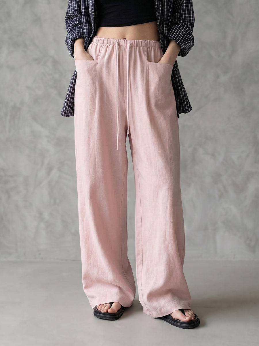 Loose Wide Leg Drawstring Pockets Solid Color Pants