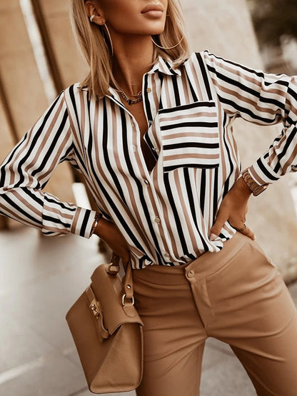 Long Sleeves Loose Buttoned Contrast Color Pockets Striped Lapel Blouses&Shirts Tops