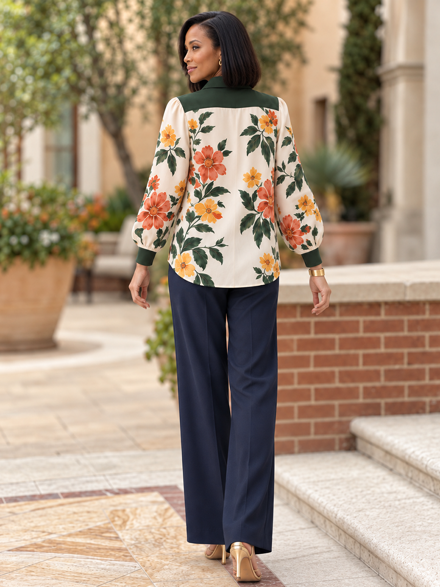 Split-Joint Flower Print Contrast Color Buttoned Long Sleeves Lapel Blouses&shirts Tops