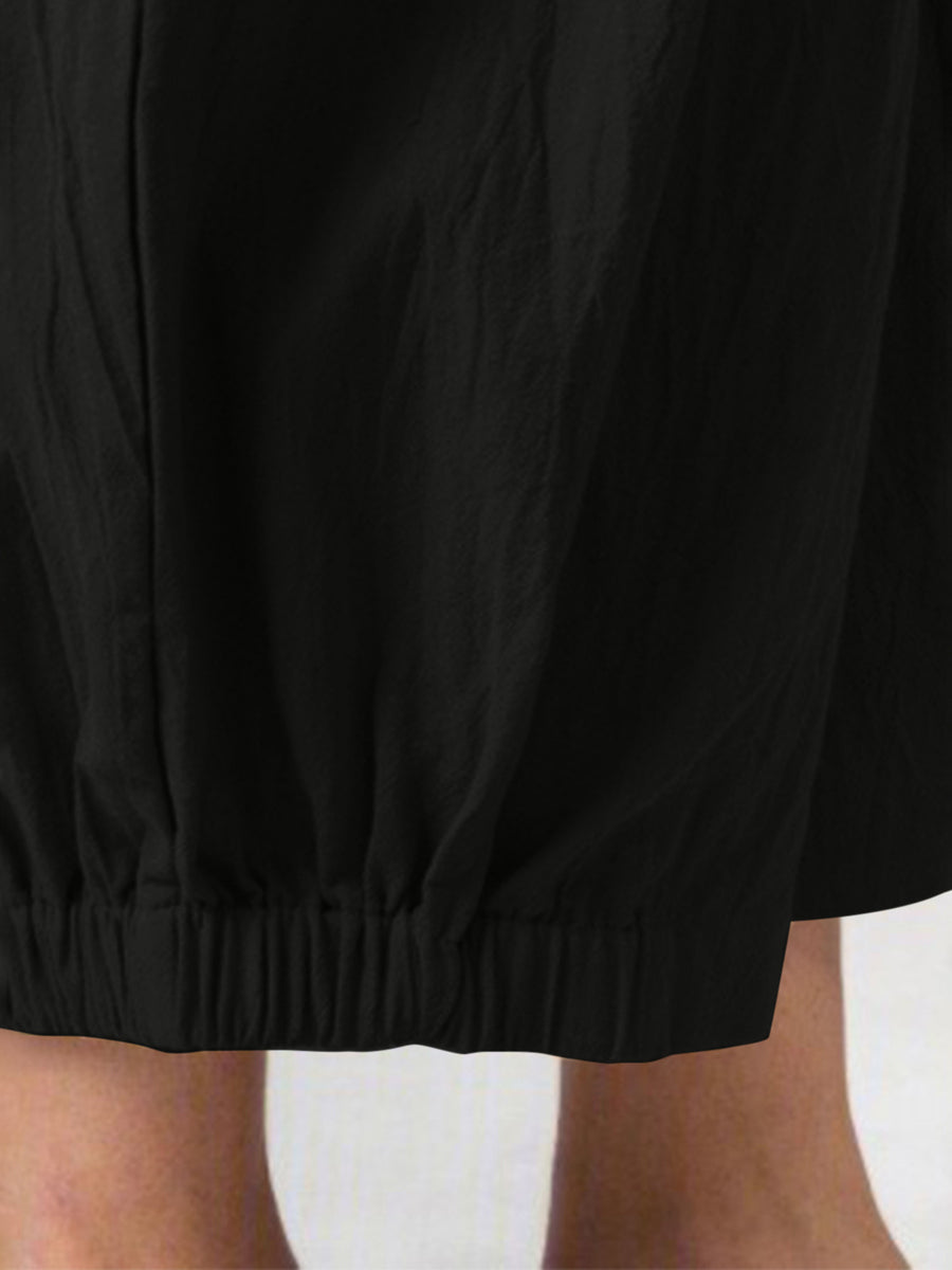 Solid Color Pockets Elasticity High Waisted Trousers Ninth Pants