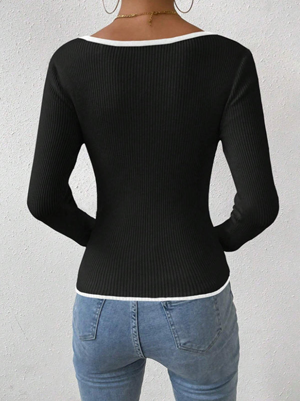 Long Sleeves Skinny Contrast Color Pleated Split-Joint V-Neck T-Shirts