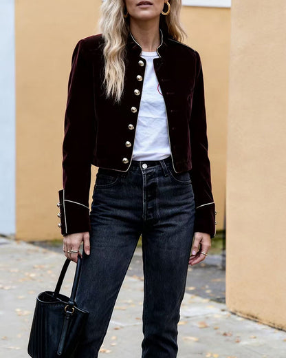 Long Sleeves Buttoned Contrast Color Stand Collar Jackets Outerwear