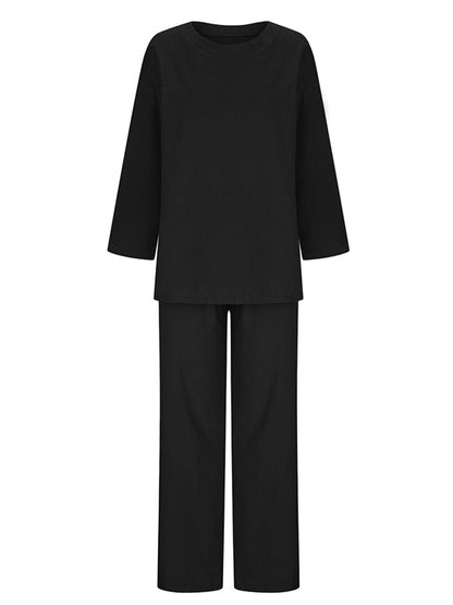 Loose Solid Color Long Sleeves Round-neck Shirts Top + Drawstring Pants Bottom Two Pieces Set