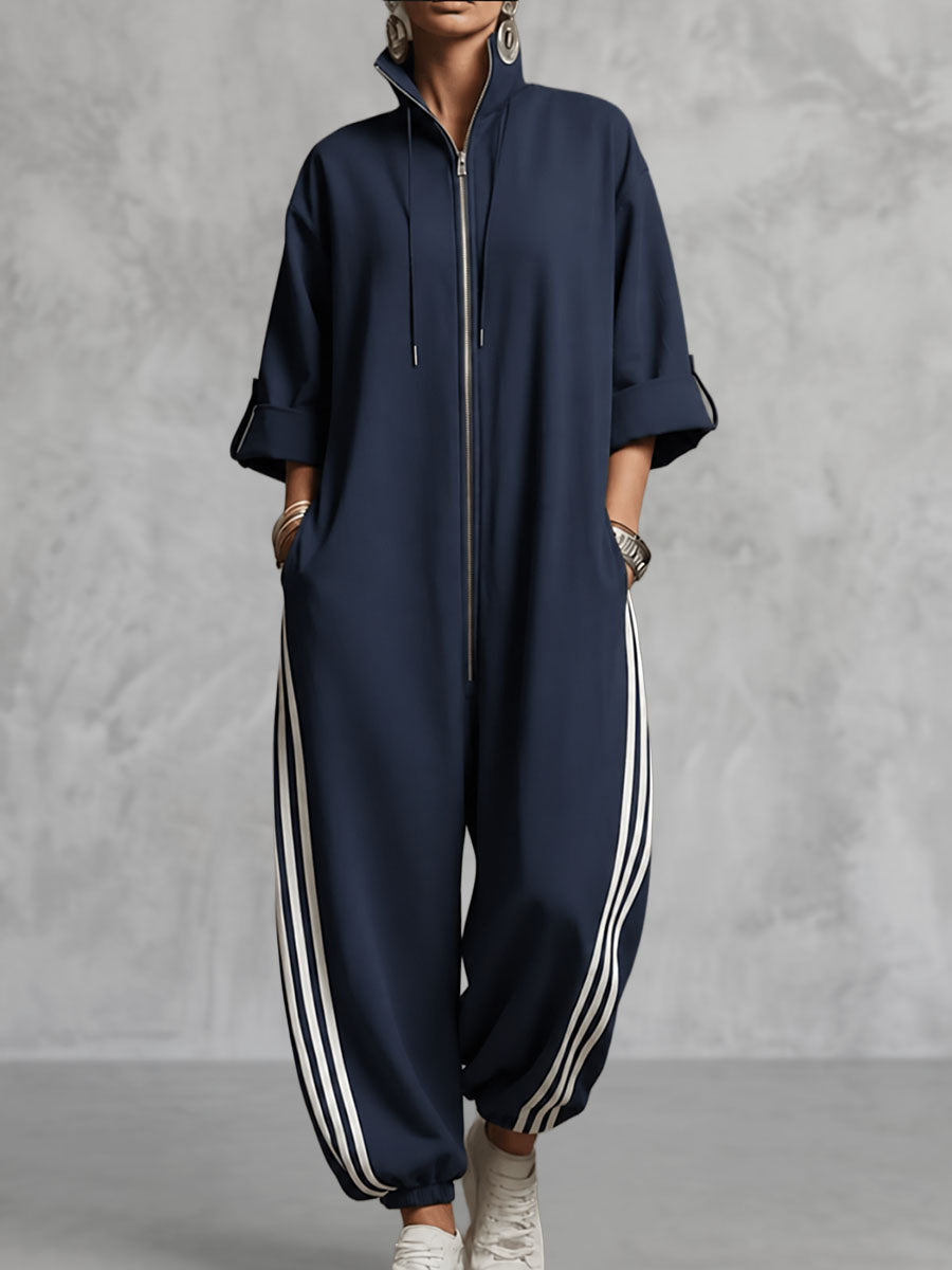 Zipper Striped Pockets Elasticity Drawstring Contrast Color Buttoned Wide Leg Three-quarter Sleeves Stand Collar Jumpsuits