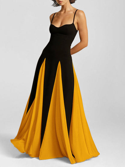 A-Line High Waisted Contrast Color Split-Joint Spaghetti-Neck Maxi Dresses