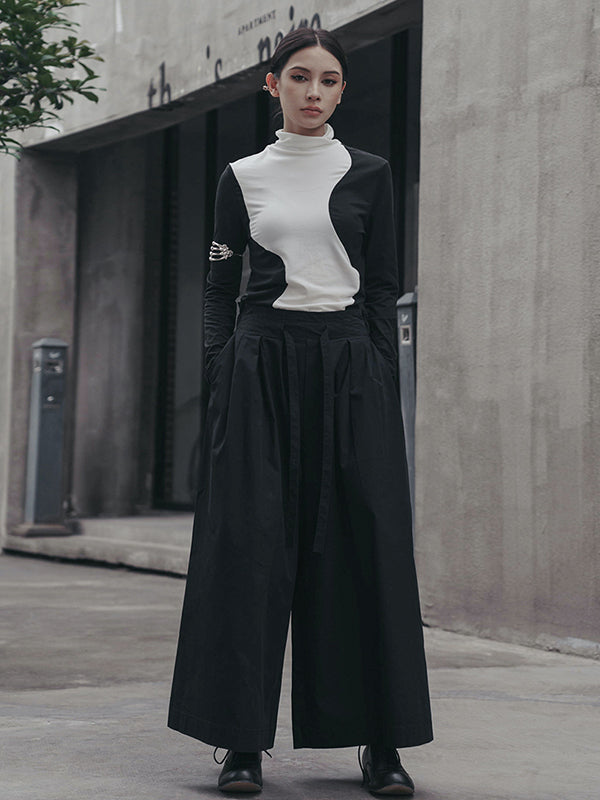 T-shirts urbains skinny à manches longues et col montant asymétriques contrastés 