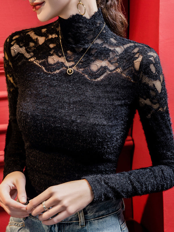 Long Sleeves Skinny Plus Size Solid Color Split-Joint High Neck T-Shirts Tops