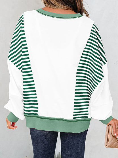 Long Sleeves Loose Contrast Color Striped Round-Neck Sweatshirt Tops