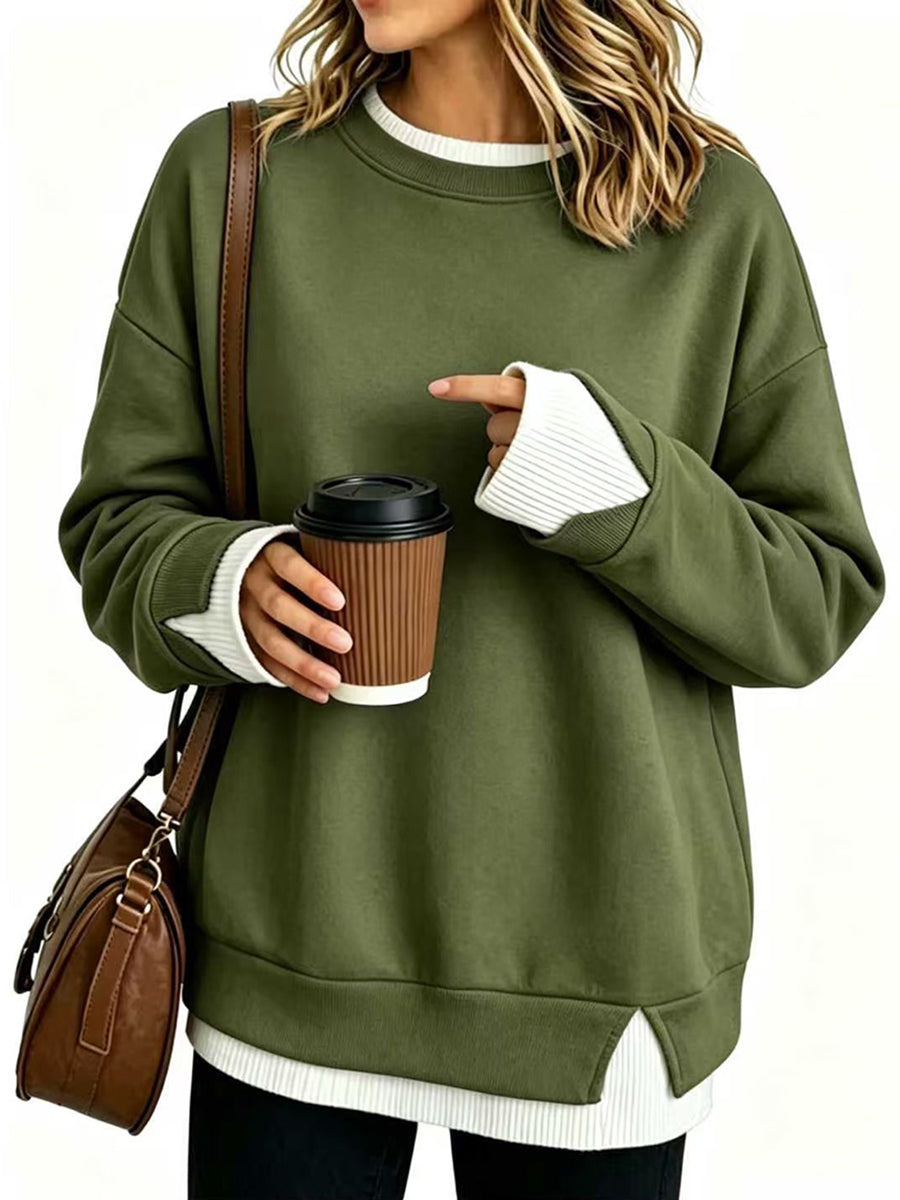 Split-Joint Contrast Color Plus Size Loose Round-neck Sweater Pullovers