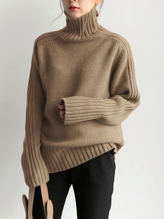Simple Turtleneck Sweater COFFEE FREE SIZE