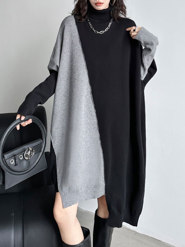 Batwing Sleeves Hipster Asymmetric Contrast Color Split-Joint High-Neck Midi Dresses Sweater Dresses