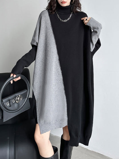 Batwing Sleeves Hipster Asymmetric Contrast Color Split-Joint High-Neck Midi Dresses Sweater Dresses