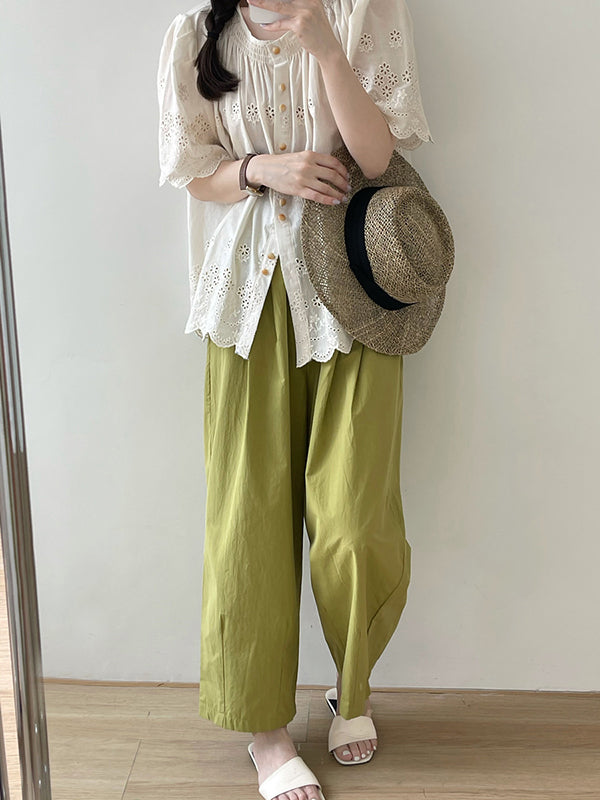 High Waisted Loose Elasticity Pleated Solid Color Split-Joint Pants Trousers