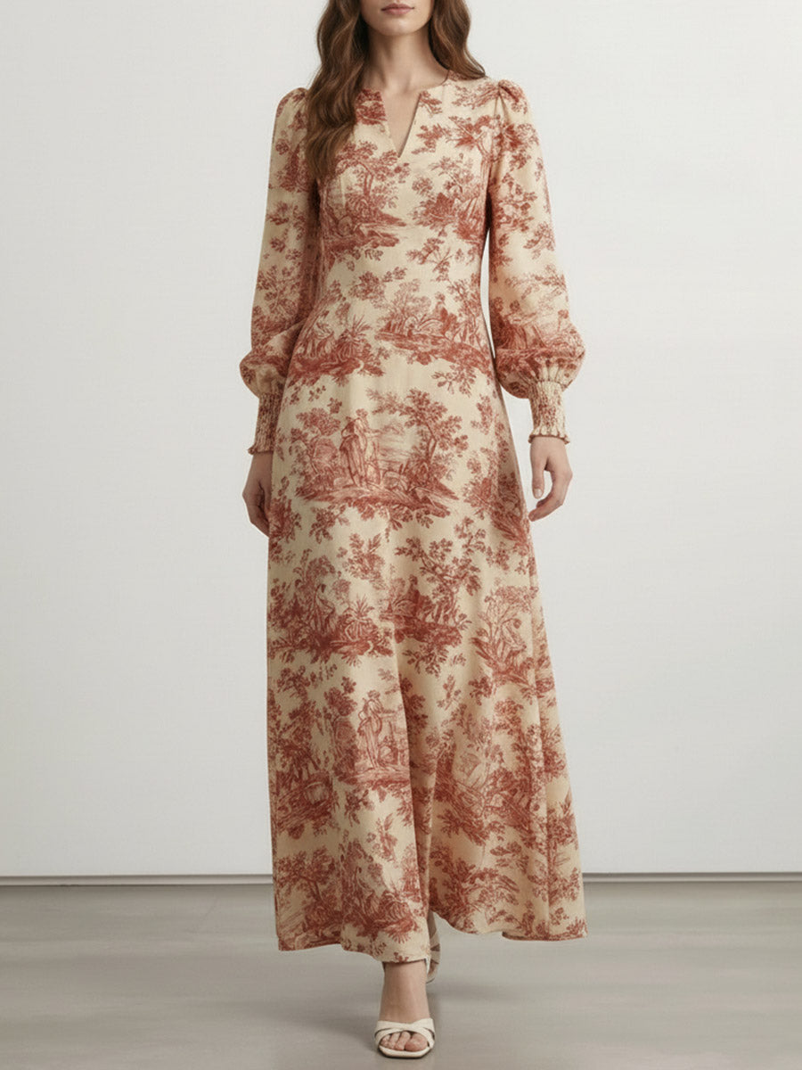 Elasticated Waist High Waisted Contrast Color Pleated Printed Split-Joint V-Neck Maxi Dresses