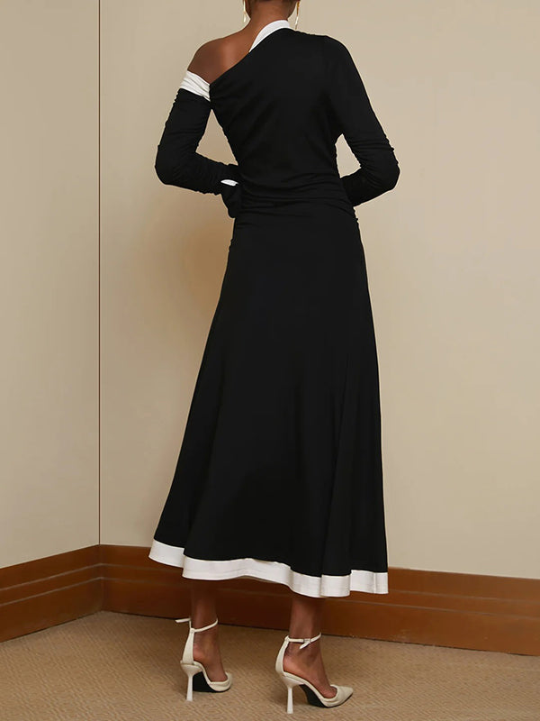 Long Sleeves Asymmetric Contrast Color Pleated Split-Joint One-Shoulder Evening Dresses Maxi Dresses