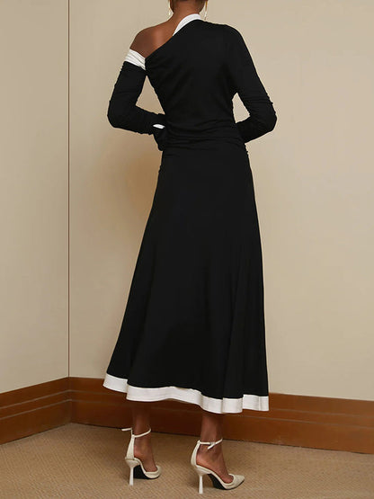 Long Sleeves Asymmetric Contrast Color Pleated Split-Joint One-Shoulder Evening Dresses Maxi Dresses