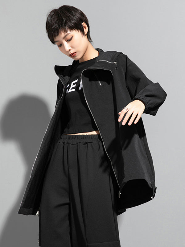 Moderne, unregelmäßige, lockere, einfarbige Oberbekleidung mit Reißverschluss und Kapuze 